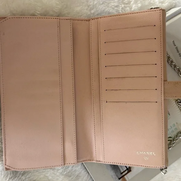 Authentic Chanel Coco Mark Sevruga Caviar Skin Flap Long Wallet On Chain Pink - Picture 6 of 16